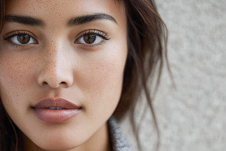 A young woman with clear skin and natural freckles looks directly at the camera, showcasing her captivating eyes and soft lips. The background is neutral, enhancing her beauty.の素材