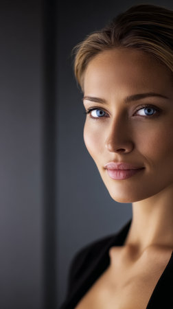 A confident woman stands in a softly lit room, showcasing her striking blue eyes and natural beauty. She wears a stylish outfit that highlights her elegant features and poise.の素材