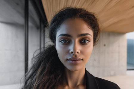 A young woman with long, curly hair stands confidently in a contemporary space. Soft natural light highlights her features against a stylish background.の素材
