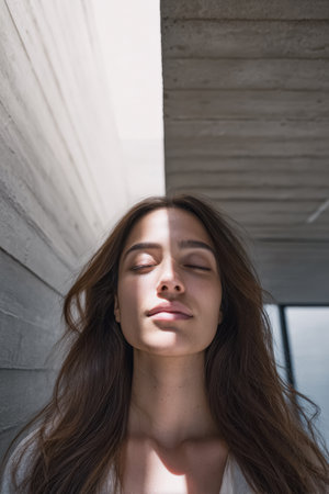 A young woman stands peacefully with her eyes closed, absorbing warm sunlight. The sleek design and natural light create a calming atmosphere in the modern interior.の素材