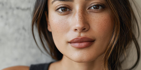 A young woman with smooth skin and freckles smiles gently. Her long hair frames her face, and the soft lighting enhances her features against a neutral background.の素材