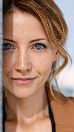 A woman with striking blue eyes leans against a wall, her warm smile and natural beauty highlighted by soft sunlight in a serene outdoor environment.の素材