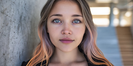 A young woman stands against a gray wall, showcasing her clear blue eyes and smooth complexion. Soft light highlights her features in a contemporary setting filled with natural light.の素材
