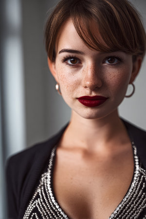 A young woman stands confidently with a striking expression, showcasing her bold lipstick and stylish outfit in a bright, modern indoor environment.の素材