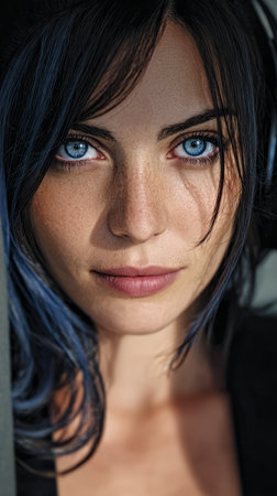 A young woman poses with her dark hair, showcasing her bright blue eyes. She has a calm expression and is positioned in soft natural light, highlighting her features and freckles.の素材
