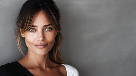 A woman with long brown hair and vibrant blue eyes smiles softly while leaning against a smooth gray wall. The lighting highlights her features, giving a serene atmosphere.の素材