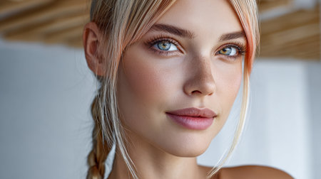 A young woman poses with a gentle smile, showcasing her bright blue eyes and smooth skin. Soft lighting highlights her features in a relaxed indoor space.の素材