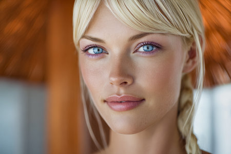 A young woman with long blonde hair and striking blue eyes gazes warmly at the camera. Soft light highlights her features in a serene environment, creating an inviting and peaceful mood.の素材