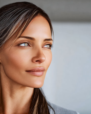 A woman with long, straight hair stands near a window, her face illuminated by natural light. She has a calm expression and looks off into the distance, embodying a moment of reflection.の素材