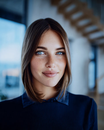 A young woman with blue eyes and brown hair smiles at the camera. She is indoors, dressed in a dark shirt, with natural light highlighting her features against a stylish background.の素材