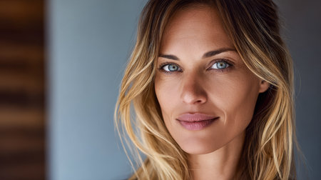 A woman stands smiling softly, showcasing her striking blue eyes and long hair. The background features warm tones, creating a cozy atmosphere. Soft lighting highlights her features.の素材