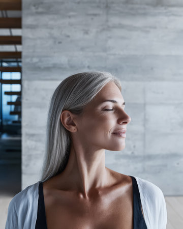 A woman with long gray hair stands peacefully in a sleek, modern interior. Soft natural light highlights her calm expression, showcasing a serene moment of mindfulness and relaxation.の素材