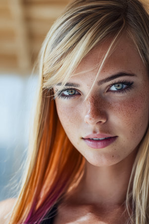 A young woman with long hair featuring orange and pink tips stands near a window, her blue eyes reflecting sunlight. She has a calm expression and freckles on her face.の素材