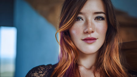 A young woman with striking reddish-brown hair and freckles sits near a staircase. Soft natural light highlights her features in a calm indoor setting, creating an inviting atmosphere.の素材
