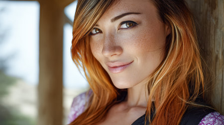 A young woman stands outside, showing off her long hair and a warm smile. Sunlight highlights her face, creating a friendly and inviting atmosphere.の素材