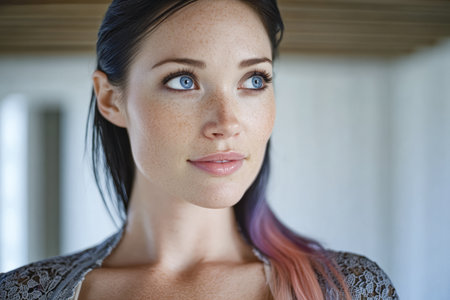 A woman stands inside a well-lit room, showcasing her captivating blue eyes and a mix of black and pink hair. She appears lost in thought, creating a serene atmosphere.の素材