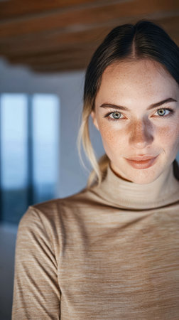 A young woman with green eyes and light brown hair stands confidently in a cozy, softly lit room. The evening light creates a warm atmosphere, enhancing her features.の素材
