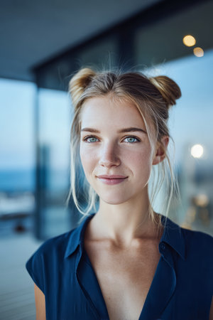 A young woman stands indoors, looking out at a cityscape. Her hair is styled in two buns, and she wears a simple blue shirt. The scene is bright and modern.の素材