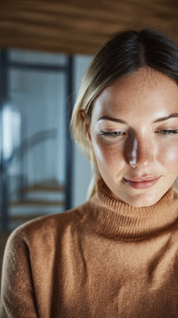 A young woman with a warm sweater is lost in thought in a stylish indoor setting, surrounded by modern architecture and soft lighting during the day.の素材