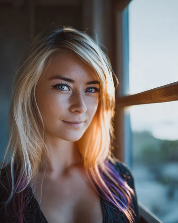 A young woman with long, flowing hair stands near a window as the evening light casts a warm glow on her face. Her playful expression shows confidence and calmness in the serene setting.の素材