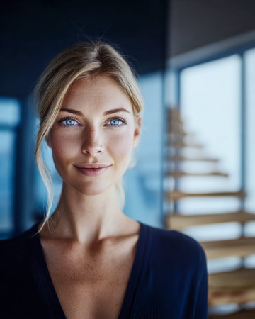 A woman with long blonde hair and striking blue eyes stands in a bright ...