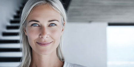 A smiling woman with long blonde hair stands in a stylish indoor area. The background features stairs and large windows, providing soft natural light.の素材