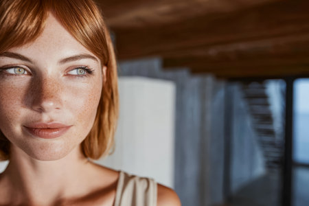A woman with short red hair stands in a stylish room, gazing thoughtfully. Natural light pours in through large windows, highlighting her features. The space has a contemporary design.の素材