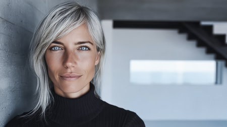 A woman with silver hair stands against a concrete wall in a sleek, modern space. Natural light highlights her features, creating a calm and serene atmosphere.の素材