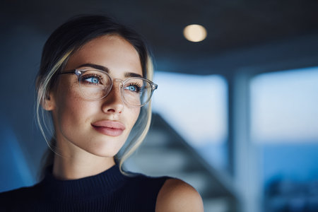 Woman with clear glasses gazes thoughtfully, capturing a serene moment in a modern space with ocean views during golden hour. Soft lighting enhances her calm expression.の素材