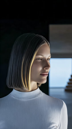 A young model poses with confidence in a stylish white top, showcasing a sleek bob haircut. The minimalist background highlights her features and the serene atmosphere.の素材