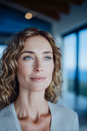 A woman with curly hair stands near a large window, looking thoughtfully outside. The modern interior is bright, emphasizing her serene expression and reflective mood.の素材