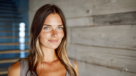 A young woman stands confidently in front of a wooden wall, with natural light illuminating her features. Her long hair and relaxed expression convey a sense of ease.の素材