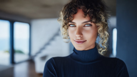 A woman with curly hair smiles softly while standing in a bright modern living space. Sunlight illuminates the room, creating a warm, welcoming atmosphere.の素材