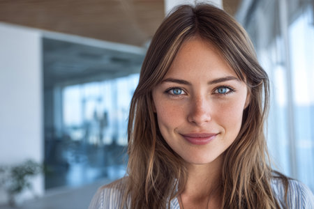 A confident young woman smiles brightly in a contemporary office with large windows. Natural light highlights her features, creating a warm atmosphere.の素材
