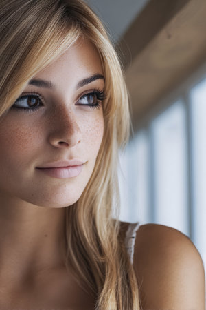A young woman with blonde hair and freckles looks out of a window, lost in thought. Soft light highlights her features, creating a calm and reflective atmosphere.の素材