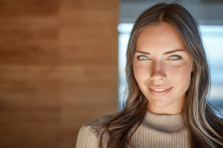 A young woman with long, wavy hair stands smiling in a warm, inviting indoor space. Sunlight highlights her features, creating a friendly atmosphere.の素材