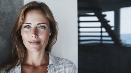 A woman with long hair and freckles stands indoors, smiling gently. Soft light highlights her features against a modern backdrop with a view of the sea.の素材