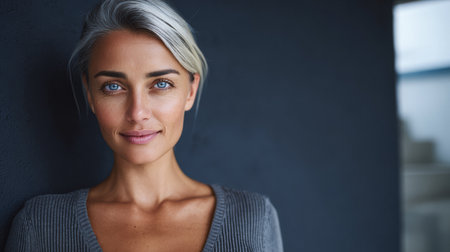 A woman with silver hair stands confidently next to a dark wall, smiling softly. Natural light highlights her features while creating a serene atmosphere in the room.の素材
