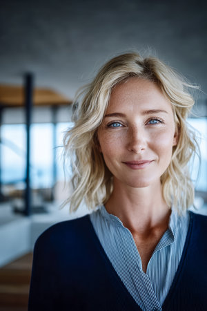 A woman with blonde, wavy hair stands in a bright, modern office. She has a confident smile and looks directly at the camera. Natural light fills the space, emphasizing her features.の素材