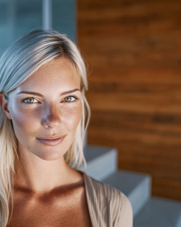 A young woman with long blonde hair stands smiling in a stylish and modern interior. Natural light illuminates her features, highlighting a serene and confident expression.の素材