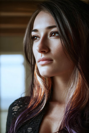 A young woman stands near a window, looking thoughtfully outside. Her long hair features vibrant colors. The soft lighting creates a warm atmosphere in the room.の素材