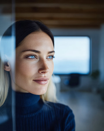 A young woman with long hair is looking out of a large window in a bright office space. She appears reflective and engaged in her thoughts while enjoying the view outside.の素材