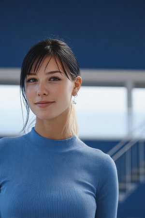 A young woman stands confidently, smiling in a blue sweater, showcasing a modern indoor space filled with natural light and a blue wall background.の素材