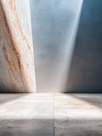 Bright light filters through a contemporary structure, casting gentle shadows on polished floors. The clean lines and smooth textures create a serene atmosphere, ideal for reflection.の素材