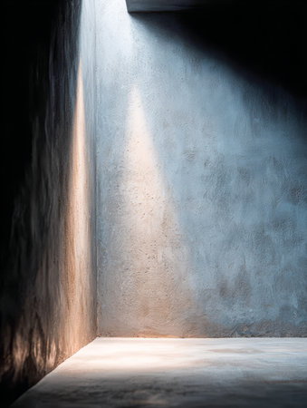 Soft light gently falls on a textured wall in a corner, creating a serene atmosphere. The space has a minimalist design, emphasizing simplicity and calmness.の素材