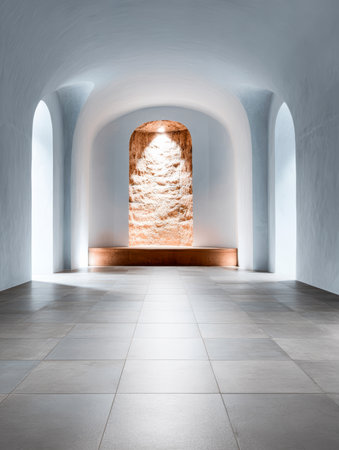 A clean and modern interior showcases a stone wall highlighted by warm light. The spacious hallway has smooth tiles and arched openings, creating an inviting atmosphere.の素材