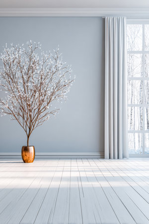 A cozy indoor space showcases a bare white tree in a decorative pot, next to a large window revealing a snowy landscape. Soft natural light brightens the room.の素材