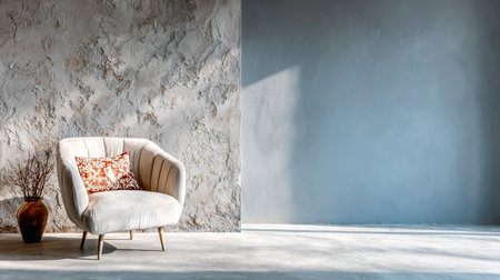 A stylish chair with a patterned pillow is placed in a bright room featuring textured walls and a decorative vase. The space is designed for comfort and relaxation.の素材