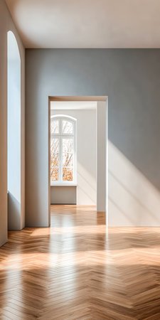 Soft sunlight filters through wide doorways, illuminating the spacious, minimalistic room with wooden floors. The autumn light creates a warm and inviting atmosphere.の素材
