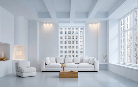 Bright living room features a white sectional sofa and a wooden coffee table. Large windows let in natural light, showcasing views of the city. A cozy armchair adds to the inviting space.の素材